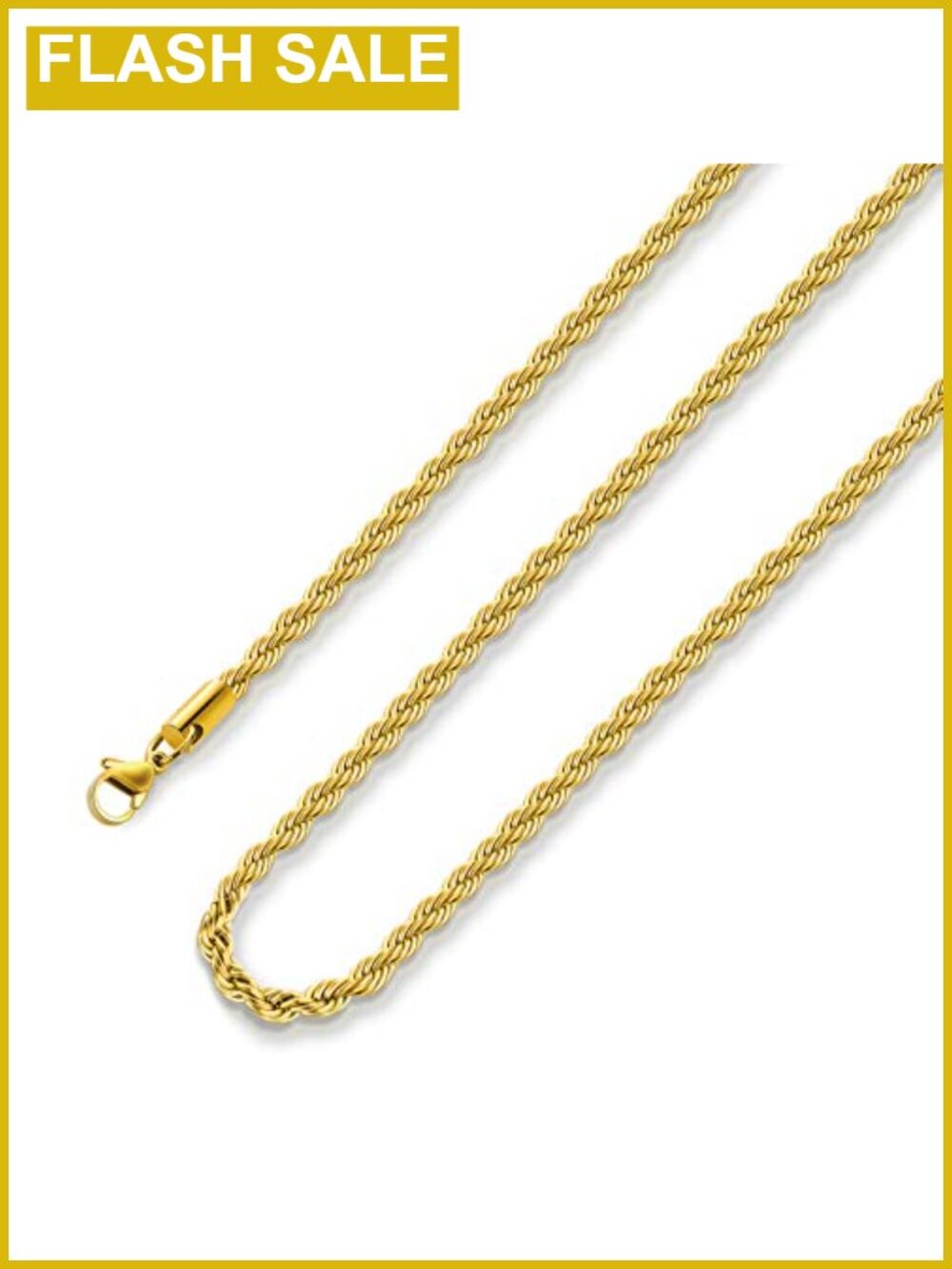 24K Gold Plated Rope Chain Necklace Stainless Steel Twist 22 In Lobster Clasp